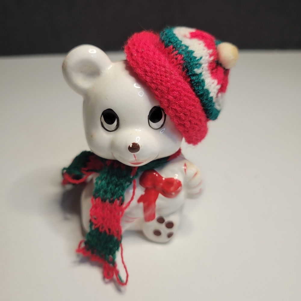 90s Christmas Bear Ornament Candy Cane Kitschy Figurine Knit Hat Scarf Ceramic